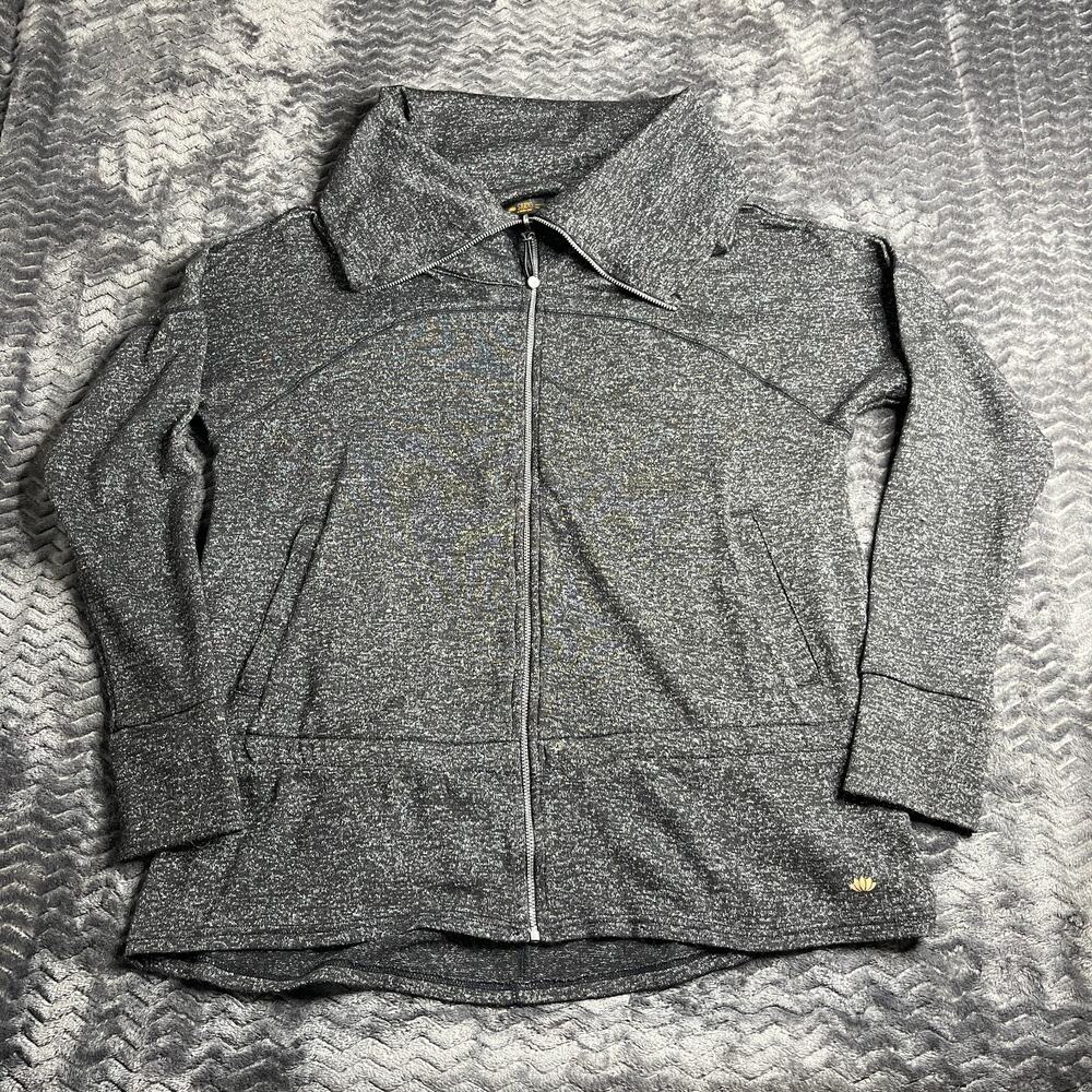 Studio Athletic Fold Over Neck Full Zip Up Jacket Black Gray Size Large